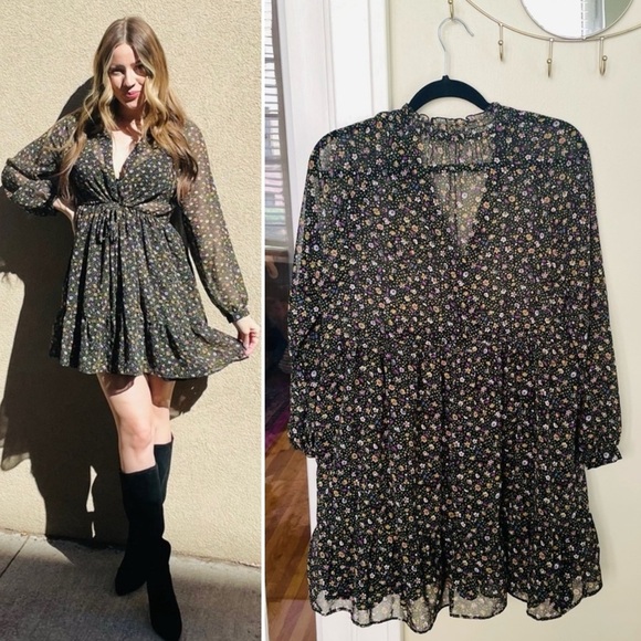 Zara Black Floral Long Sleeve Babydoll Mini Dress - Picture 1 of 10